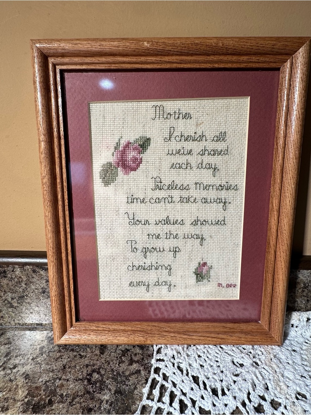 Framed Cross Stitch Mother Poem with Pink Rose Motif
